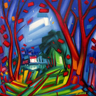 Colorful, expressionist-style painting of a landscape featuring red trees, a blue sky, and a small house amidst vibrant greenery. By Raymond Murray